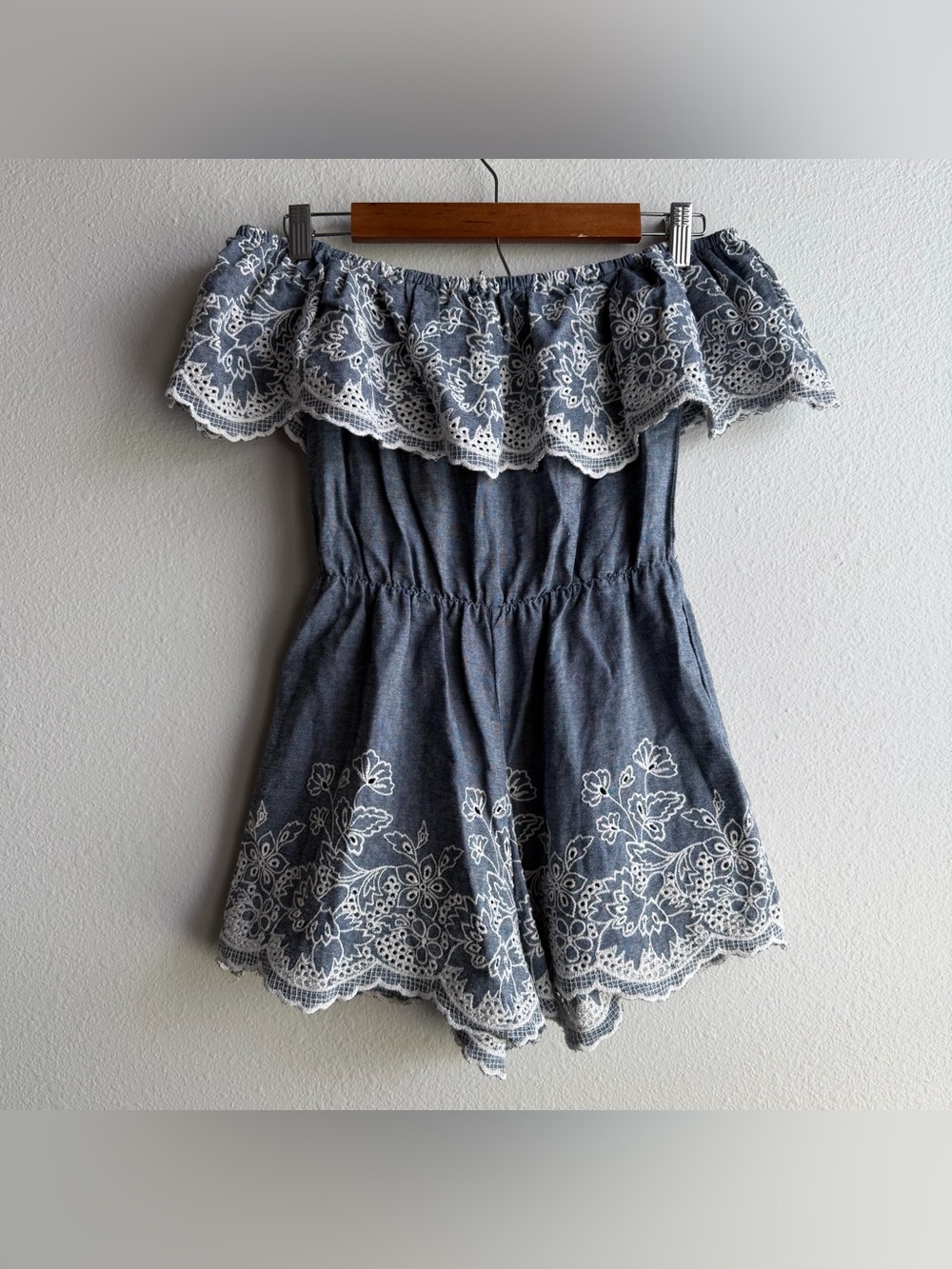 Agaci Blue Small Chambray Embroidered Romper Shorts Off Shoulder Boho Festival G